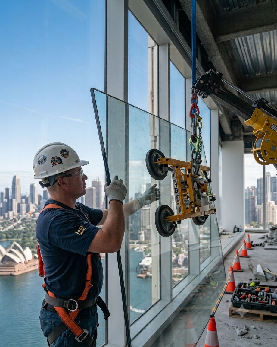 Glaziers installing facade glass on a Sydney tower